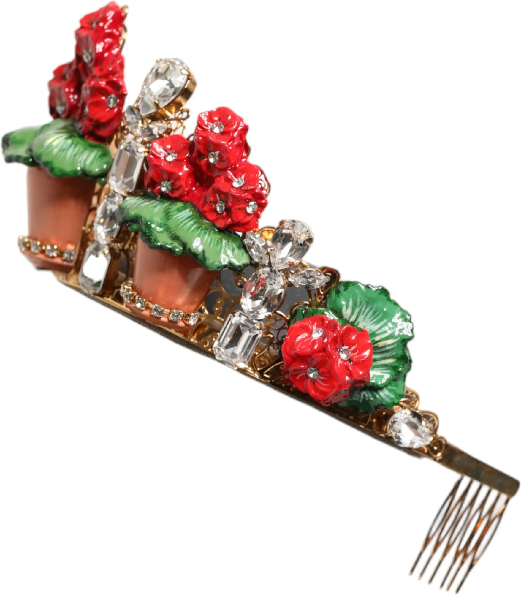 Headband Dolce & Gabbana Red Floral Flowerpot Crystal Gold Crown Tiara