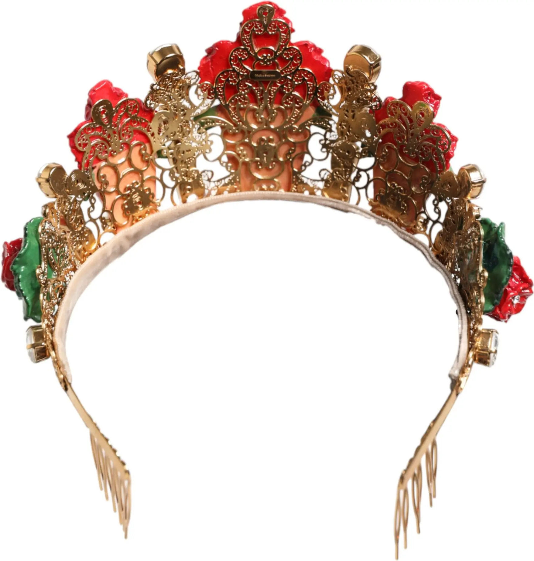Headband Dolce & Gabbana Red Floral Flowerpot Crystal Gold Crown Tiara