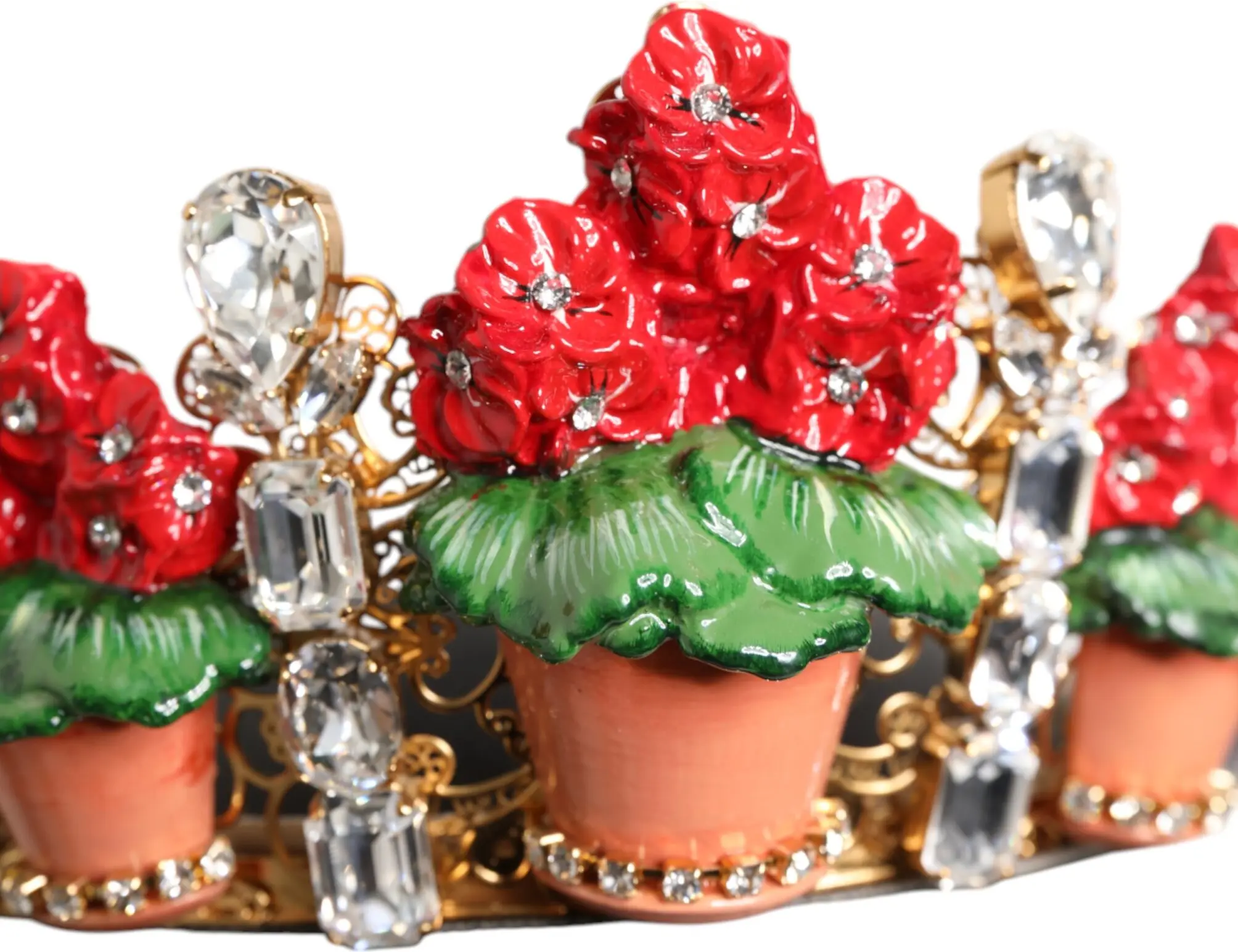 Headband Dolce & Gabbana Red Floral Flowerpot Crystal Gold Crown Tiara