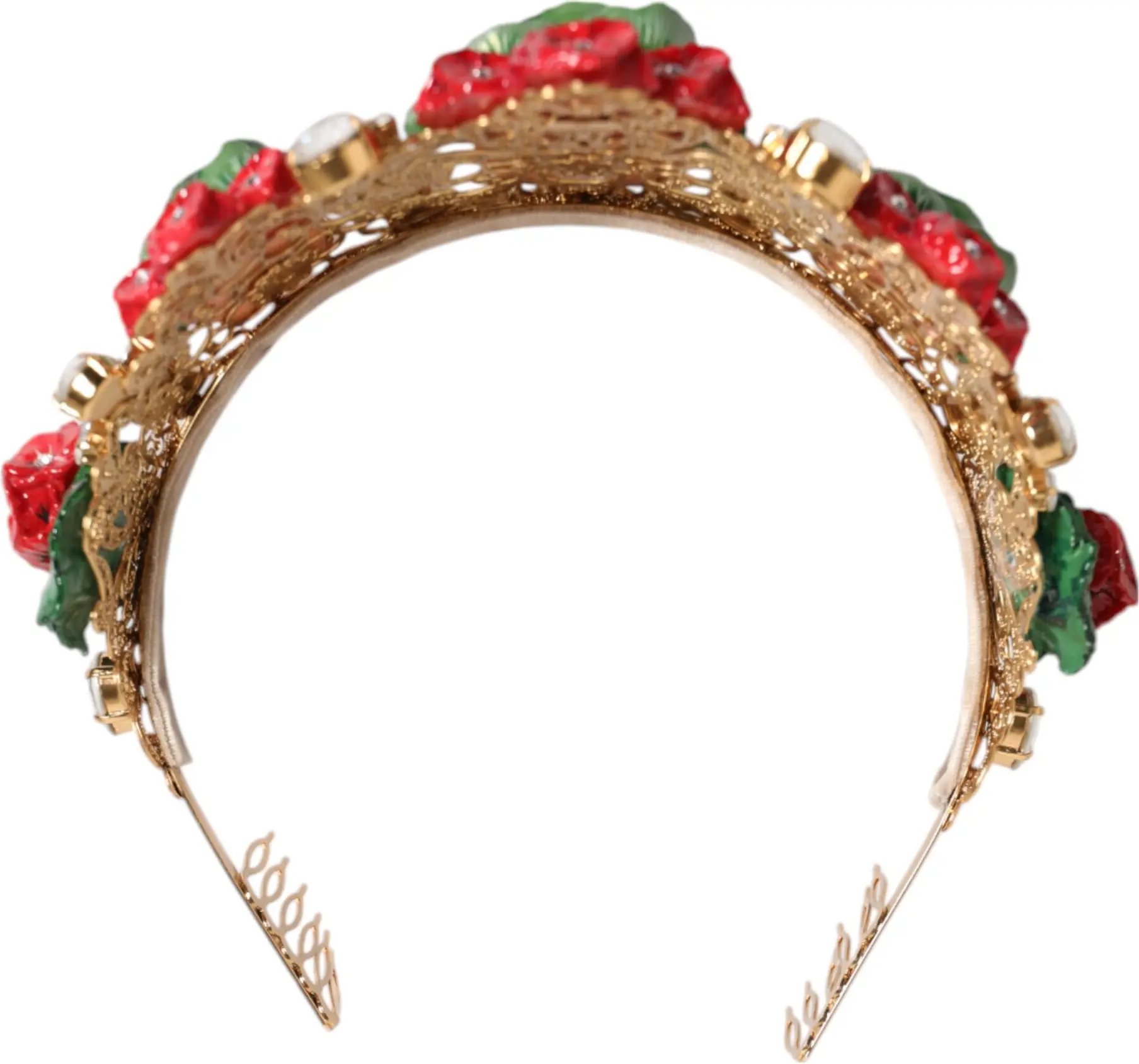 Headband Dolce & Gabbana Red Floral Flowerpot Crystal Gold Crown Tiara
