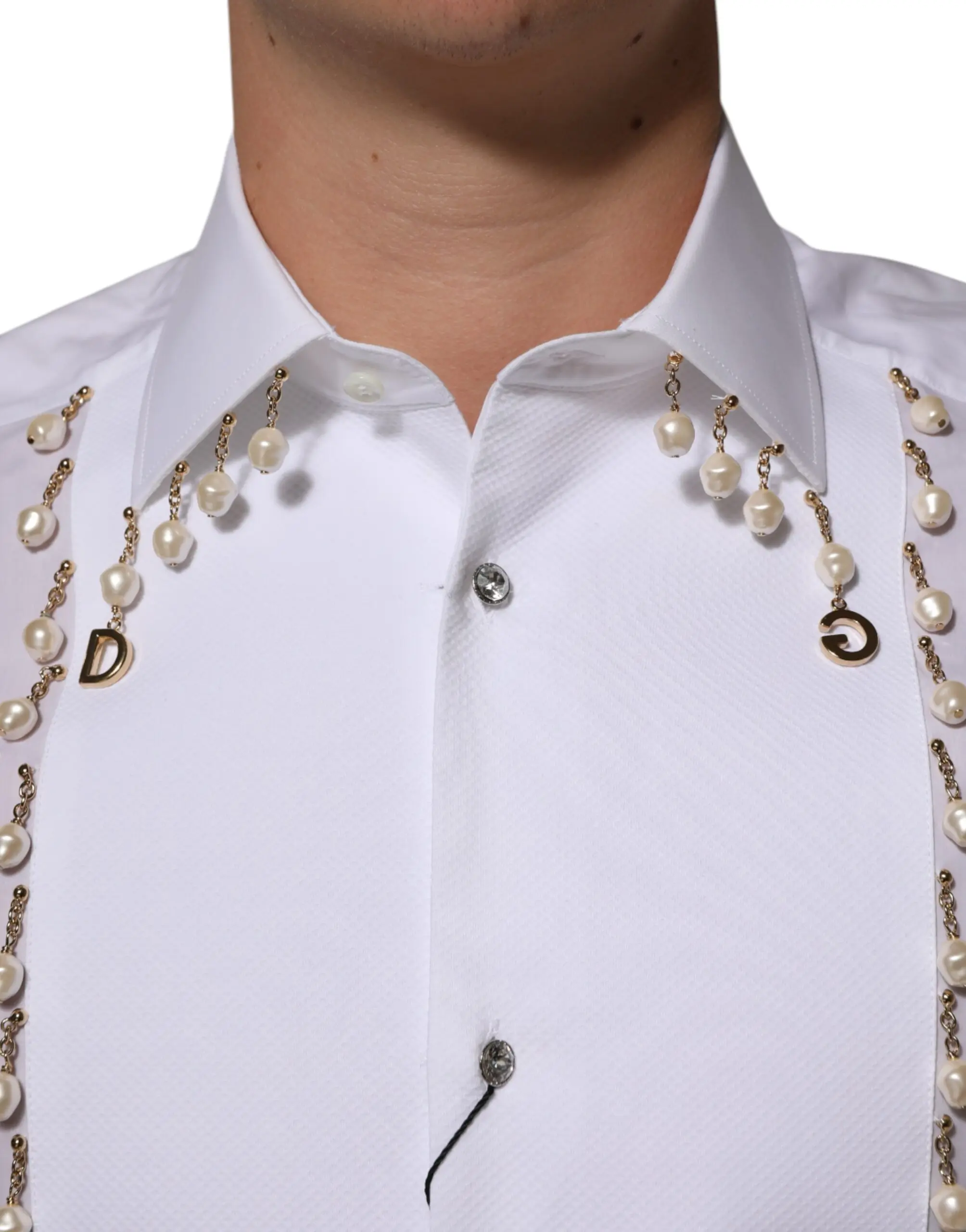 Классическая рубашка Dolce & Gabbana Белая хлопковая рубашка с логотипом DG, жемчугом и золотом