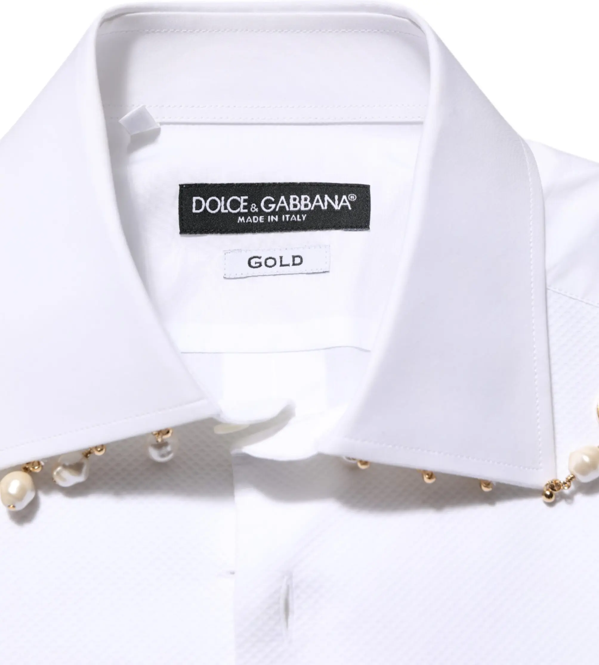 Классическая рубашка Dolce & Gabbana Белая хлопковая рубашка с логотипом DG, жемчугом и золотом