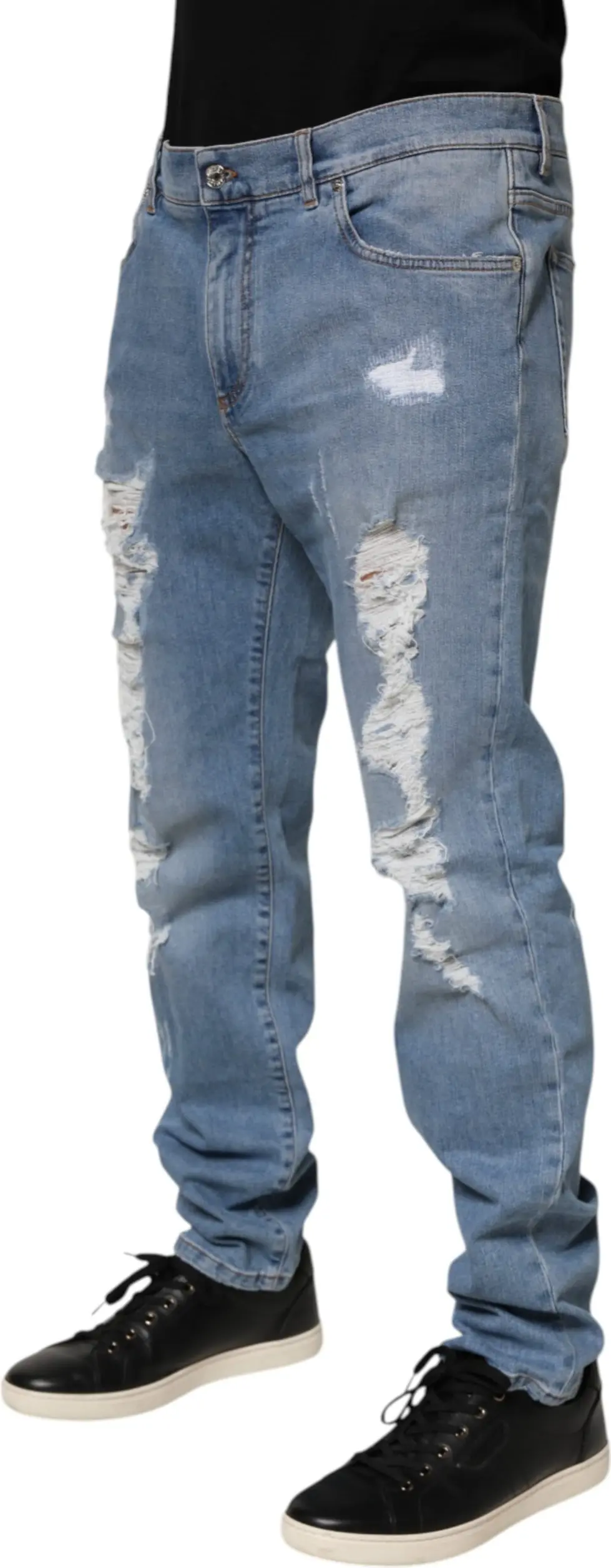 Blue Tattered Slim Fit Cotton Denim Jeans by Dolce & Gabbana