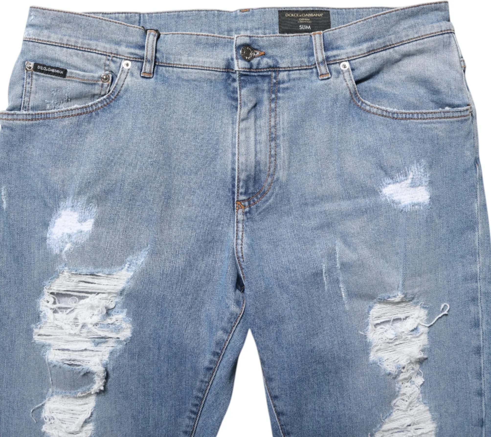 Blue Tattered Slim Fit Cotton Denim Jeans by Dolce & Gabbana