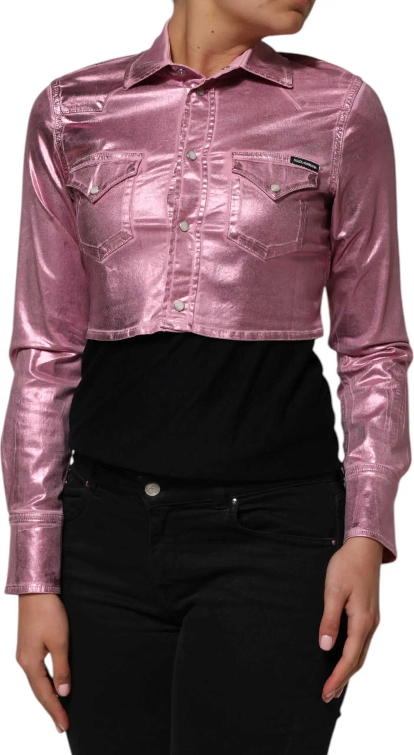 Pink Cotton Stretch Collared Cropped Jacket