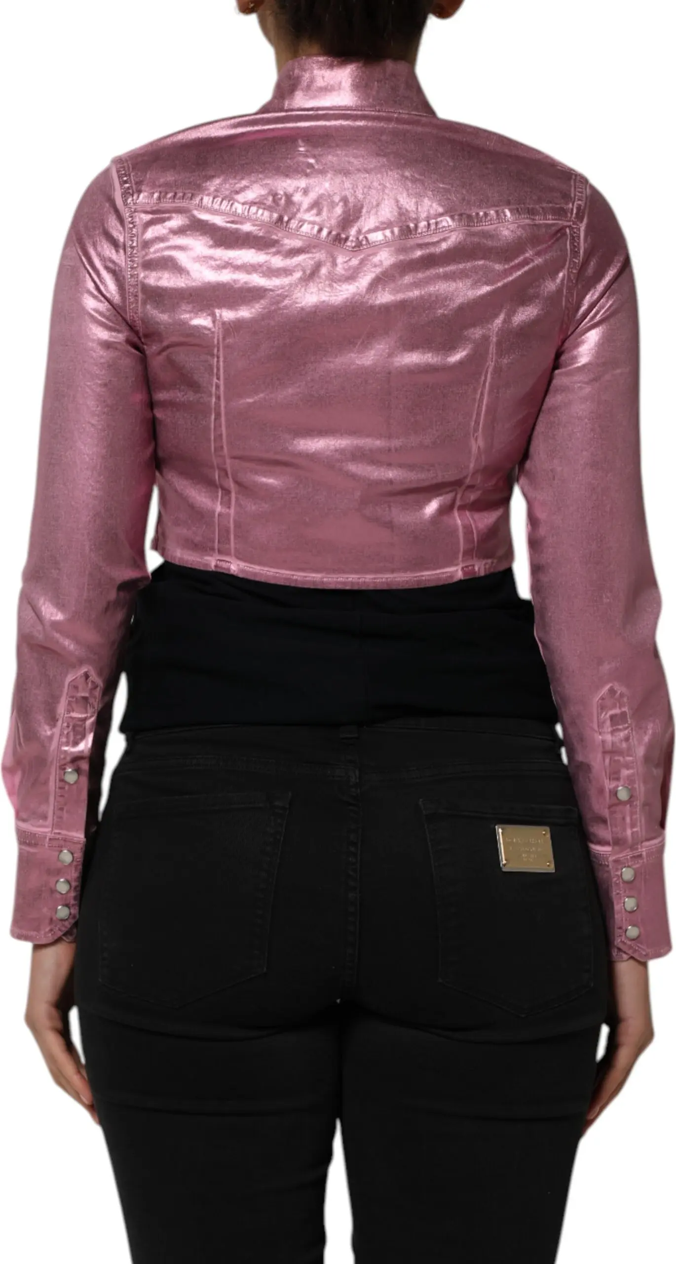 Pink Cotton Stretch Collared Cropped Jacket
