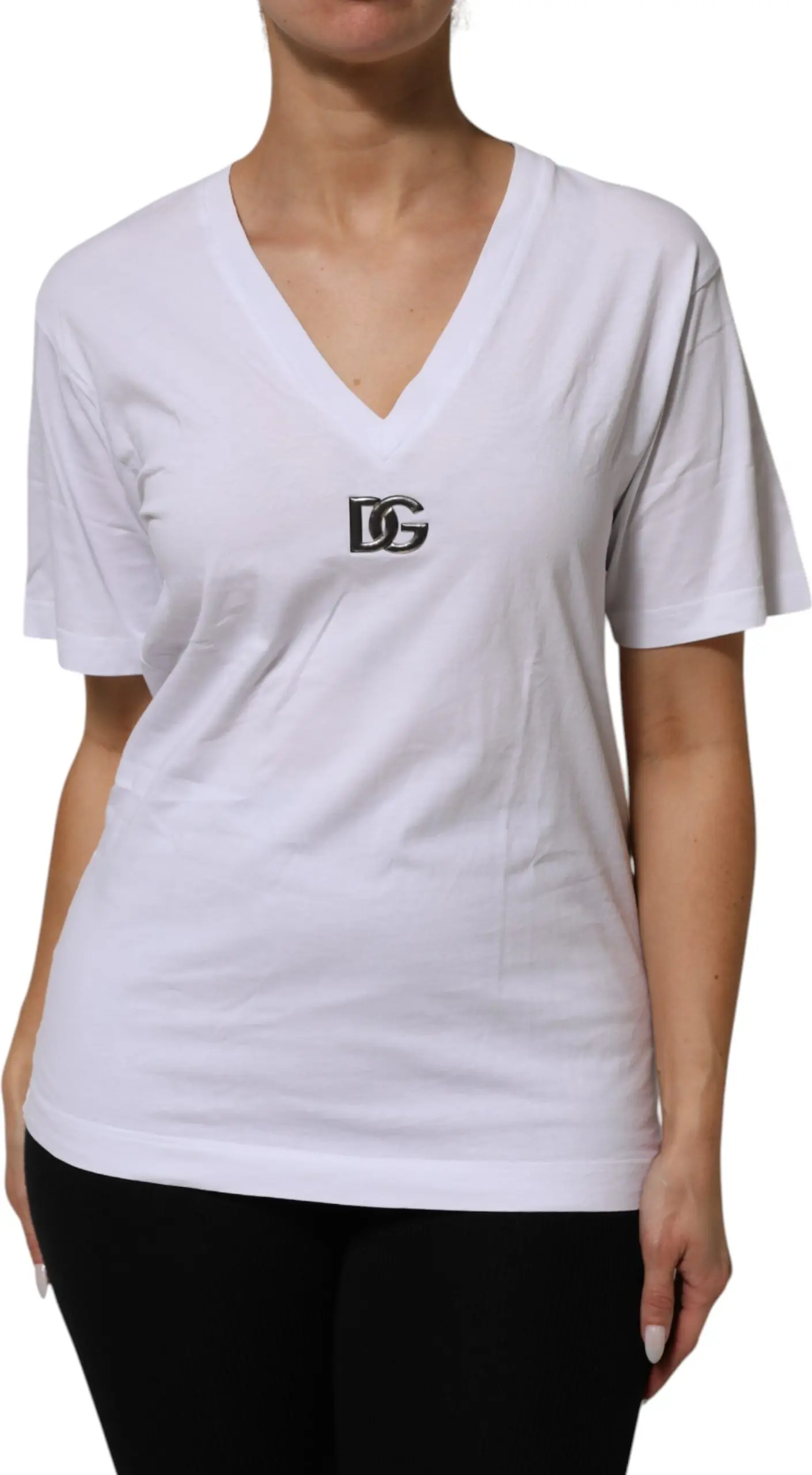 White Cotton V-Neck Short Sleeves T-Shirt Dolce & Gabbana