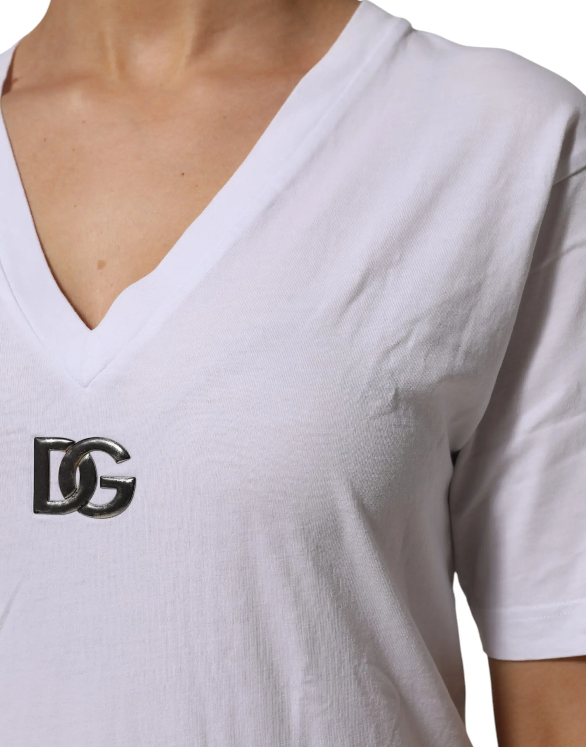 White Cotton V-Neck Short Sleeves T-Shirt Dolce & Gabbana