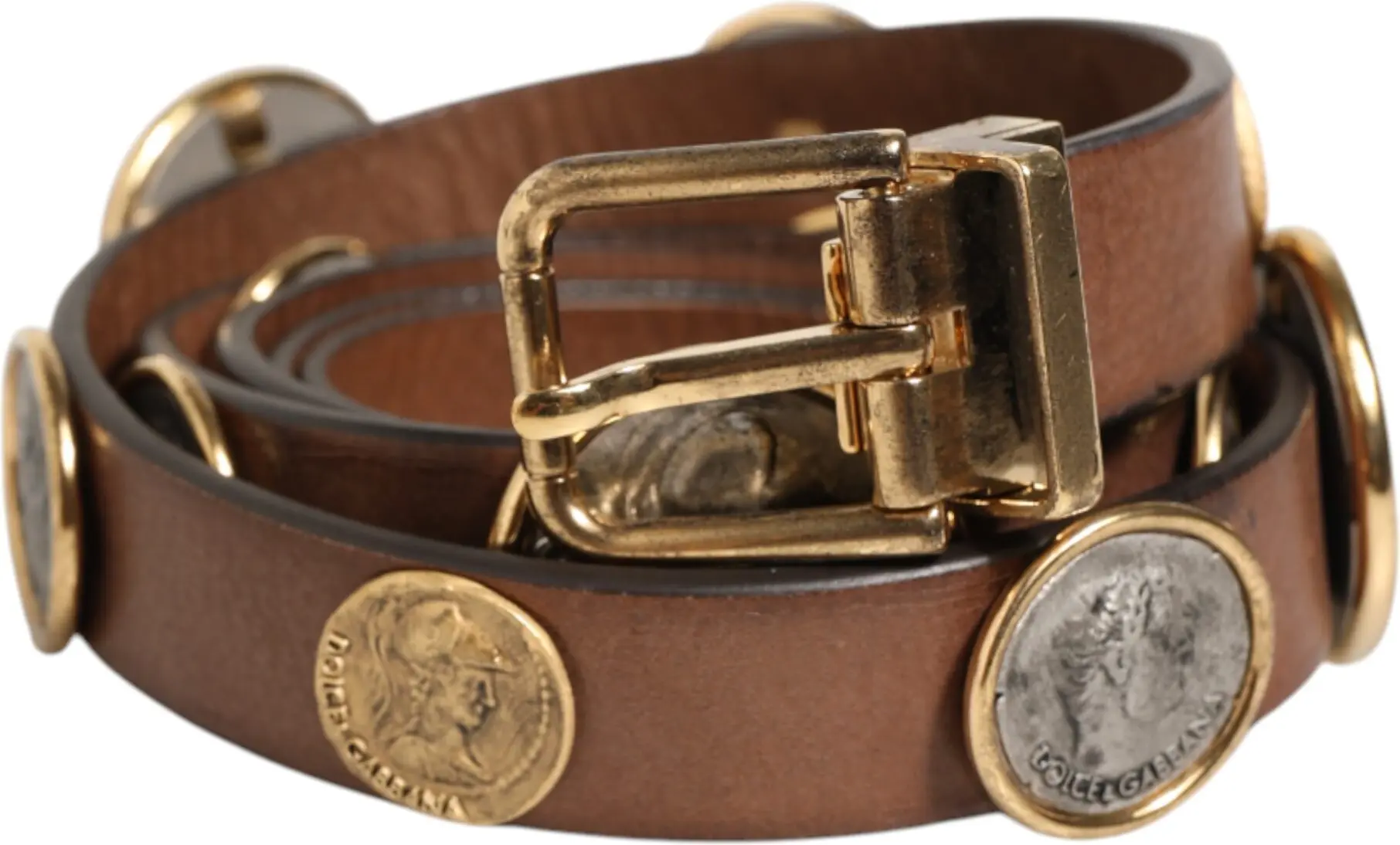 Belt Dolce & Gabbana Brown Leather Gold Silver Coin Buckle