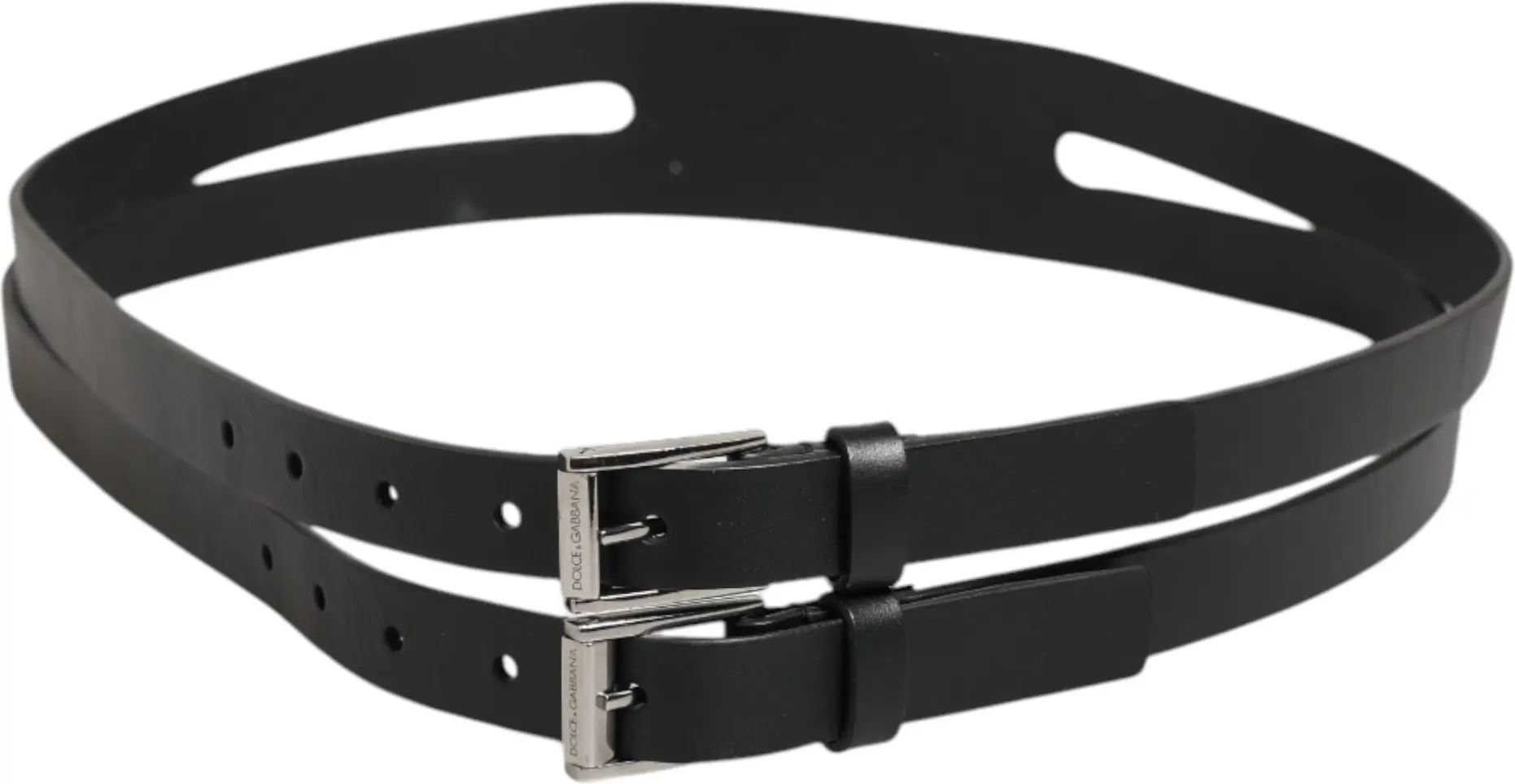 Belt Dolce & Gabbana Black Double Strap Leather Silver Buckle Belt