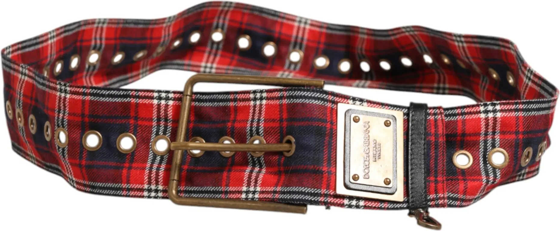 Belt Dolce & Gabbana Red Plaid Fabric Logo Plate Brass Buckle Belt