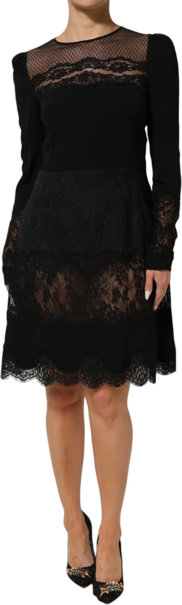 Black Floral Lace Trim Sheath A-line Dress Dolce & Gabbana