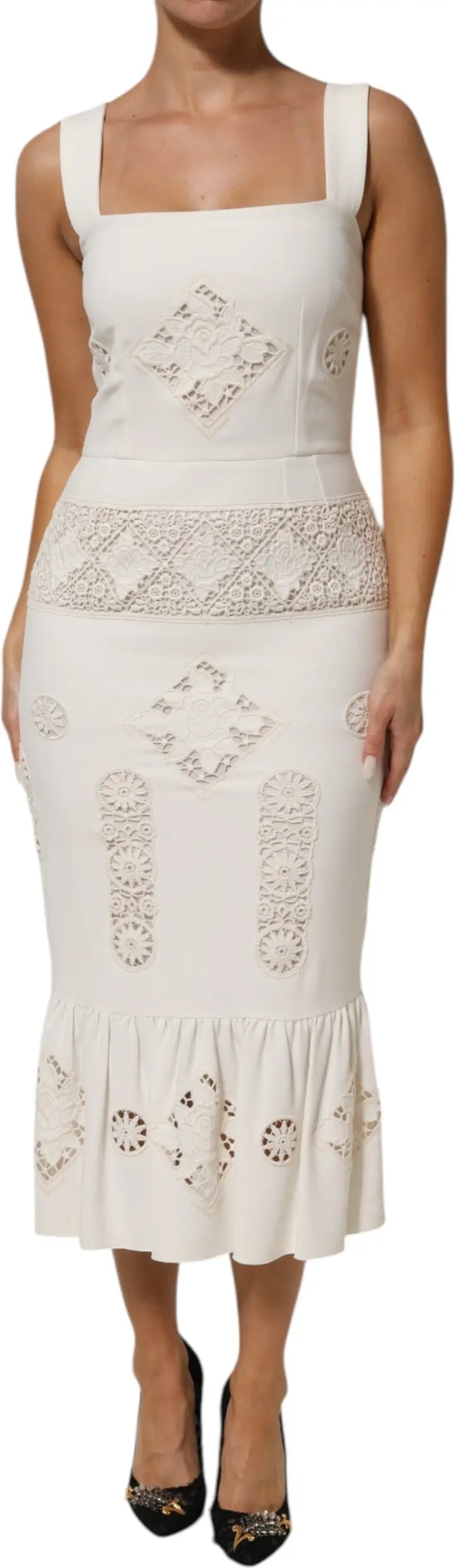 Dress Dolce & Gabbana White Floral Lace Sleeveless Midi Dress