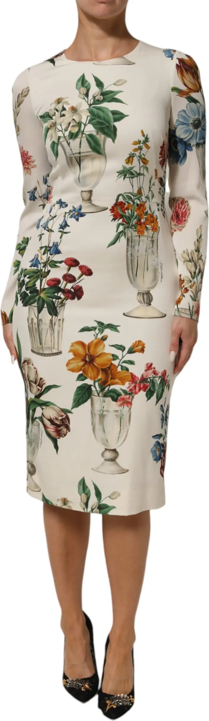 White Flower Vase Silk Sheath Midi Dress by Dolce & Gabbana