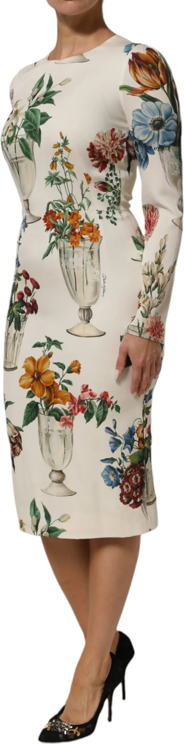 White Flower Vase Silk Sheath Midi Dress by Dolce & Gabbana