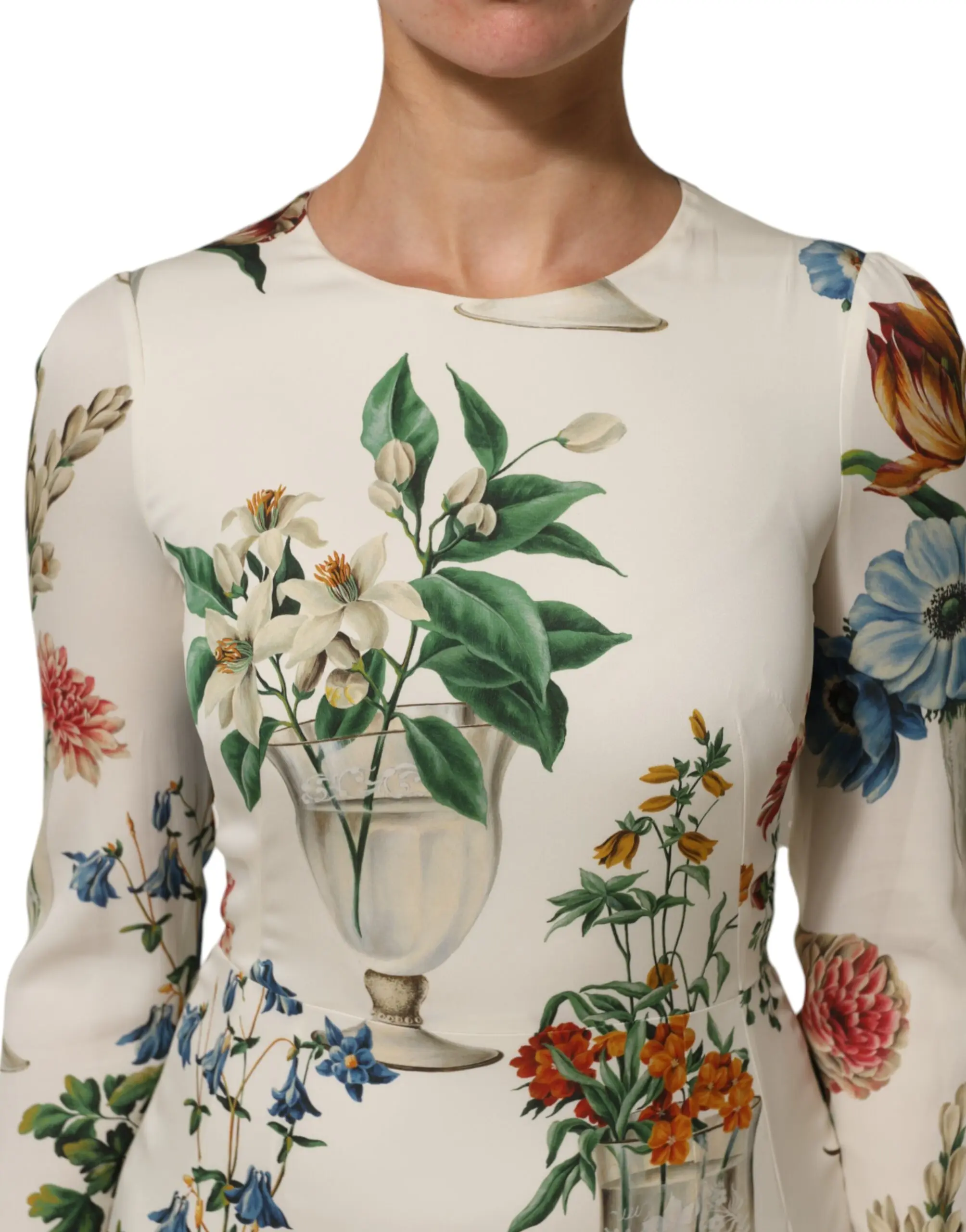White Flower Vase Silk Sheath Midi Dress by Dolce & Gabbana