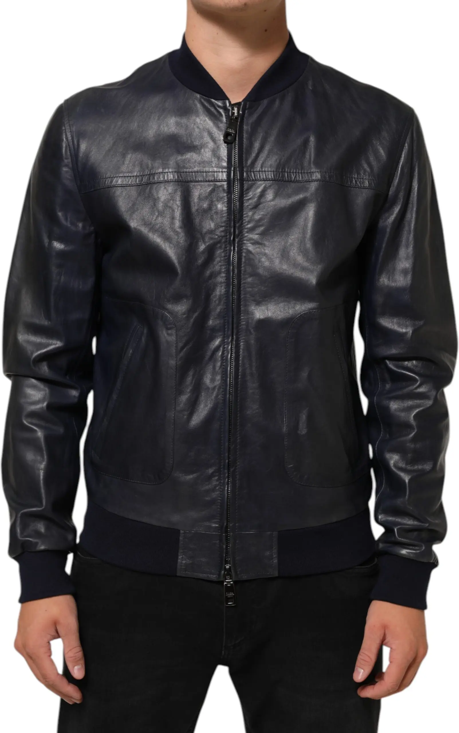 Blue Leather Full Zip Biker Blouson Jacket Dolce & Gabbana