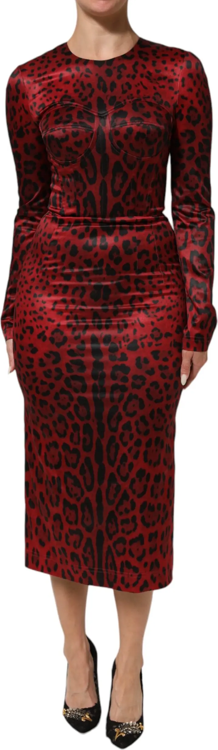 Dolce & Gabbana Red Leopard Sheath Long Sleeves Dress