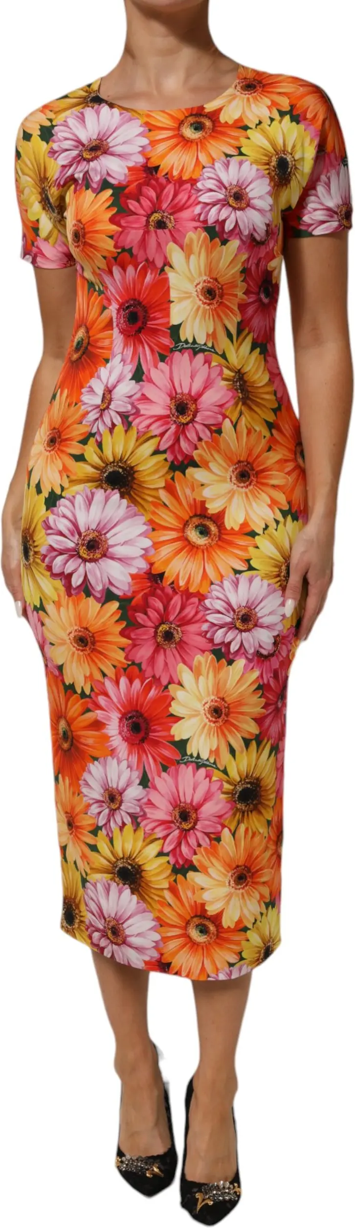 Платье Dolce & Gabbana, многоцветное, с цветочным принтом, шелковое, прямой крой, миди