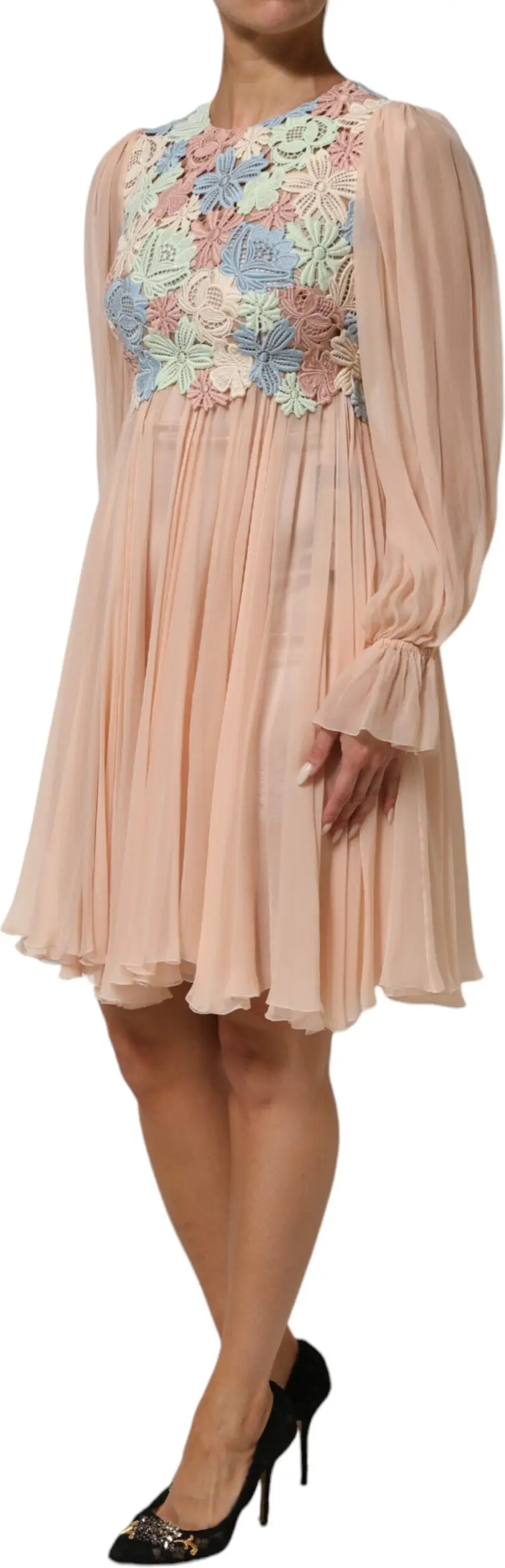 Pink Floral Embroidery Pleated A-line Dress