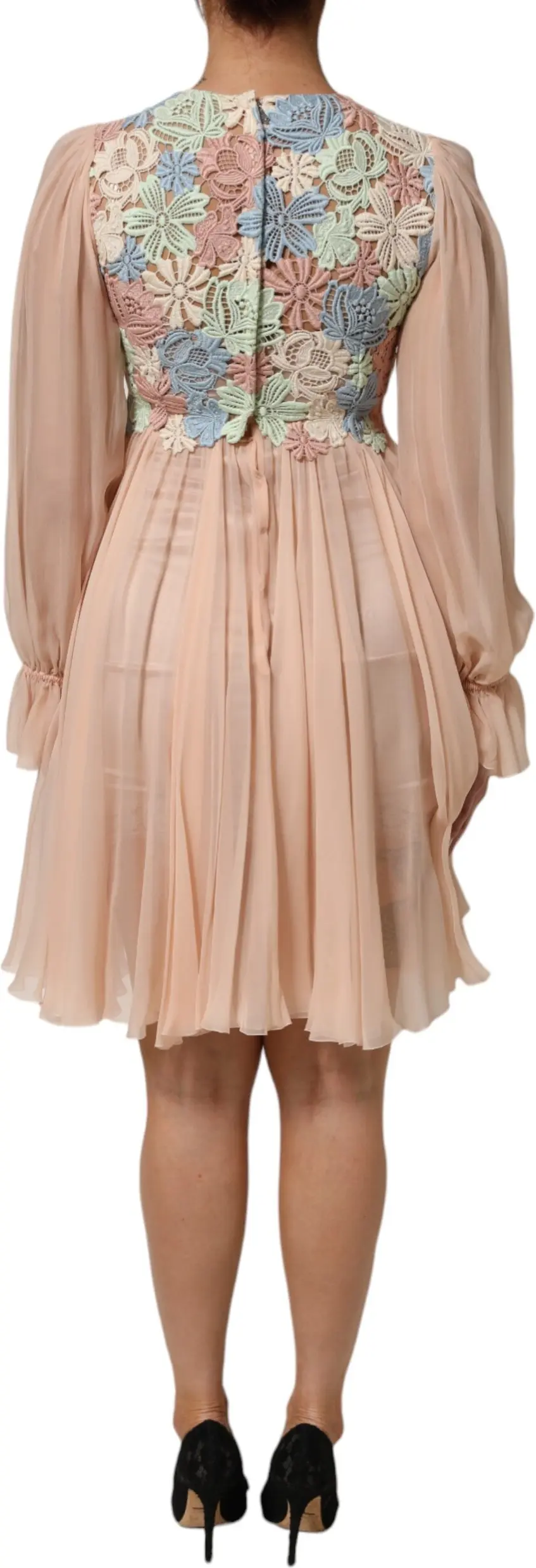 Pink Floral Embroidery Pleated A-line Dress