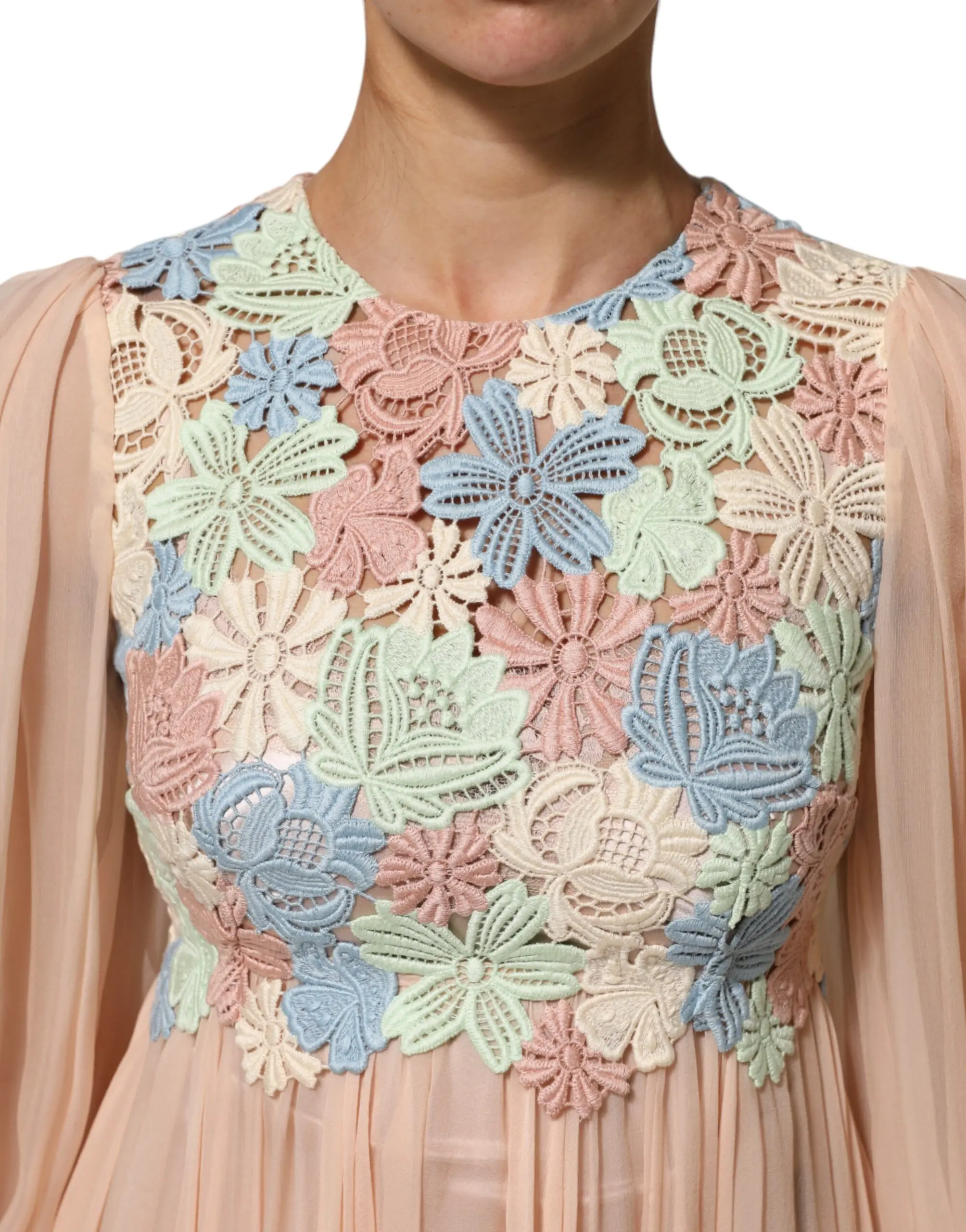 Pink Floral Embroidery Pleated A-line Dress