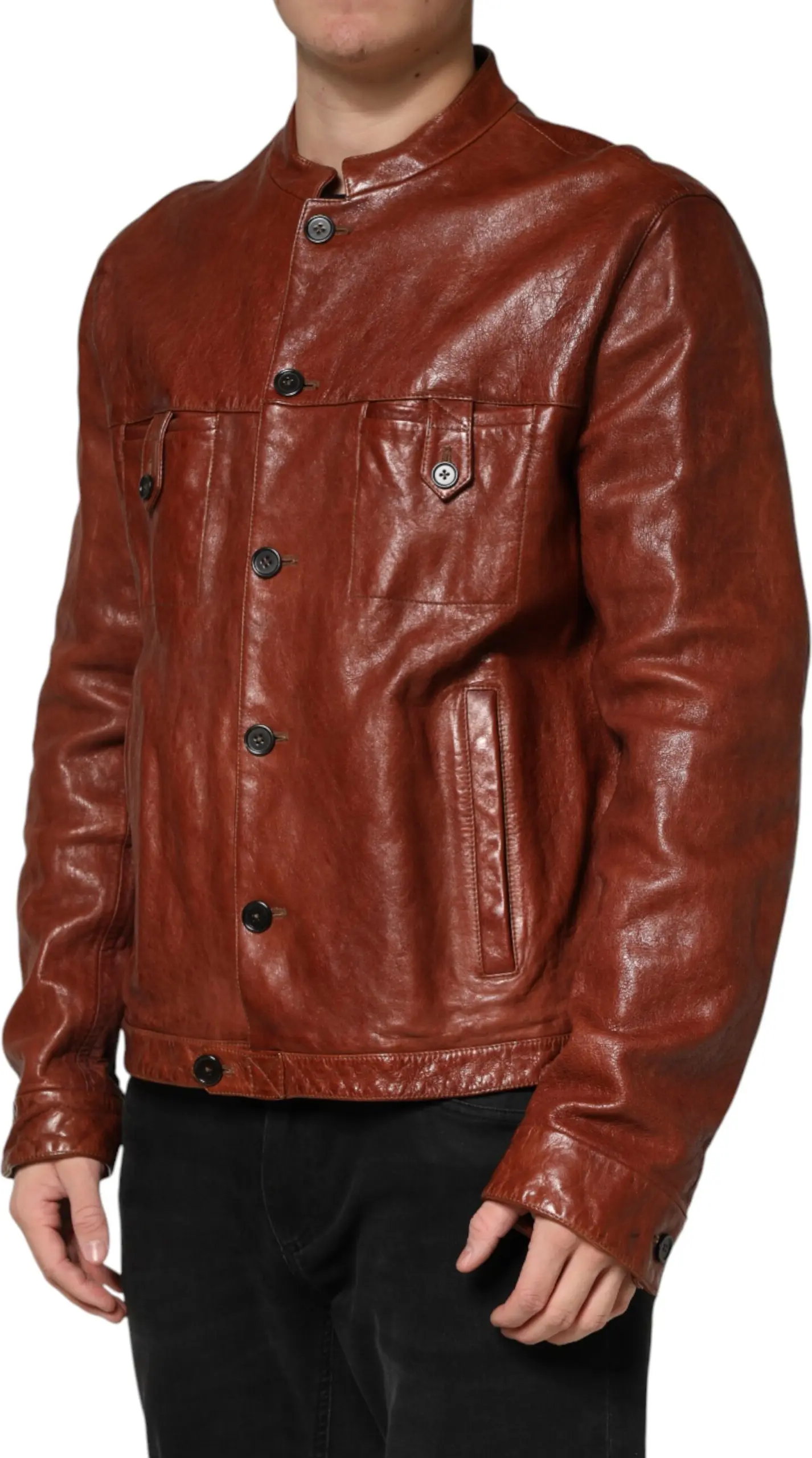 Brown Leather Button Down Men Biker Jacket