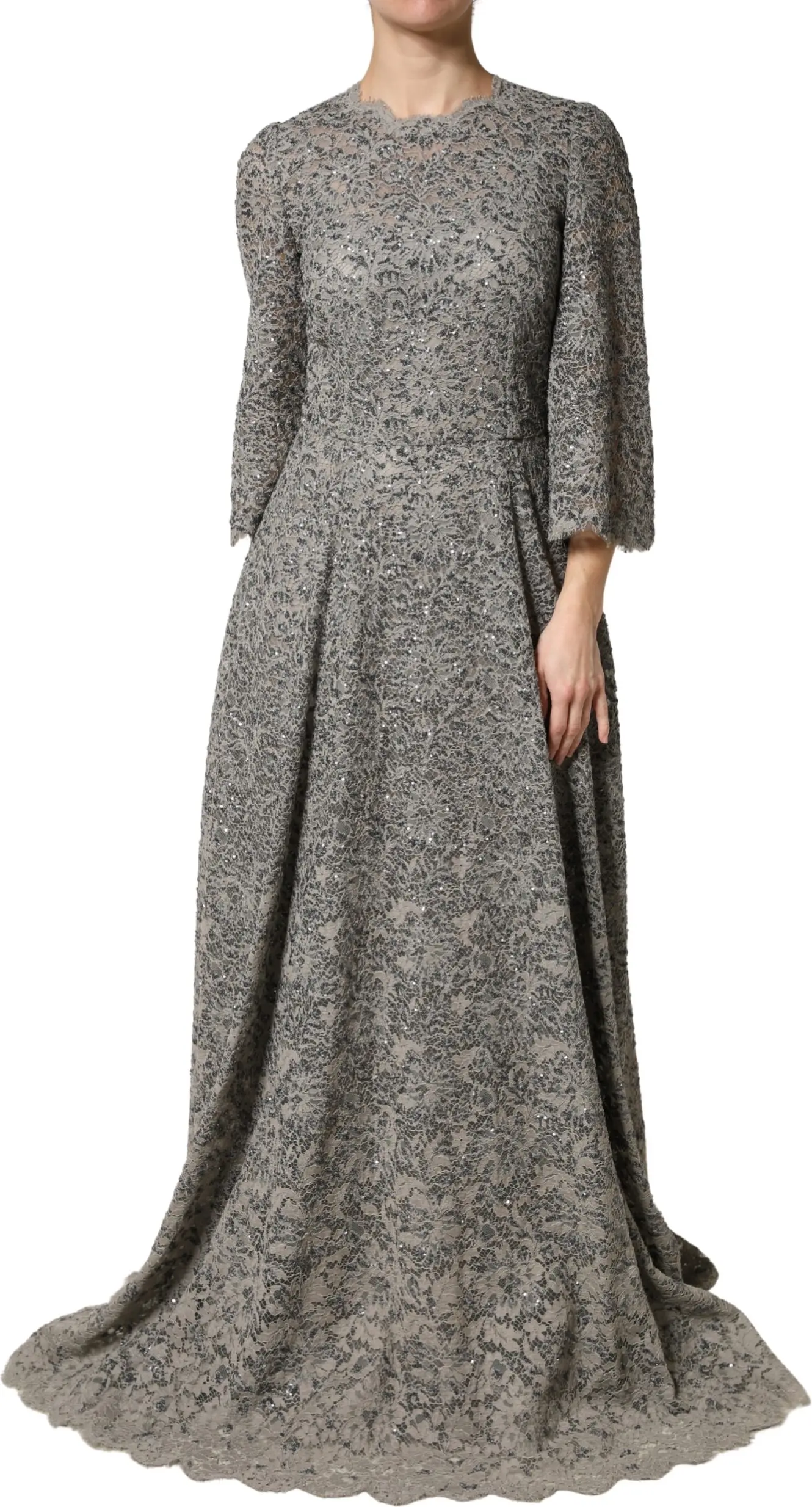 Maxi Dress Dolce & Gabbana Gray Lace Long Sleeves