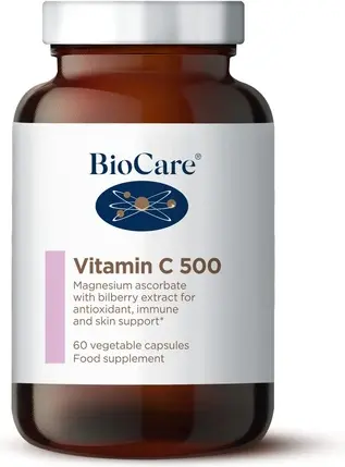 Biocare Svitamini C 500 kapsulalari, magniy askorbat va malina ekstrakti bilan