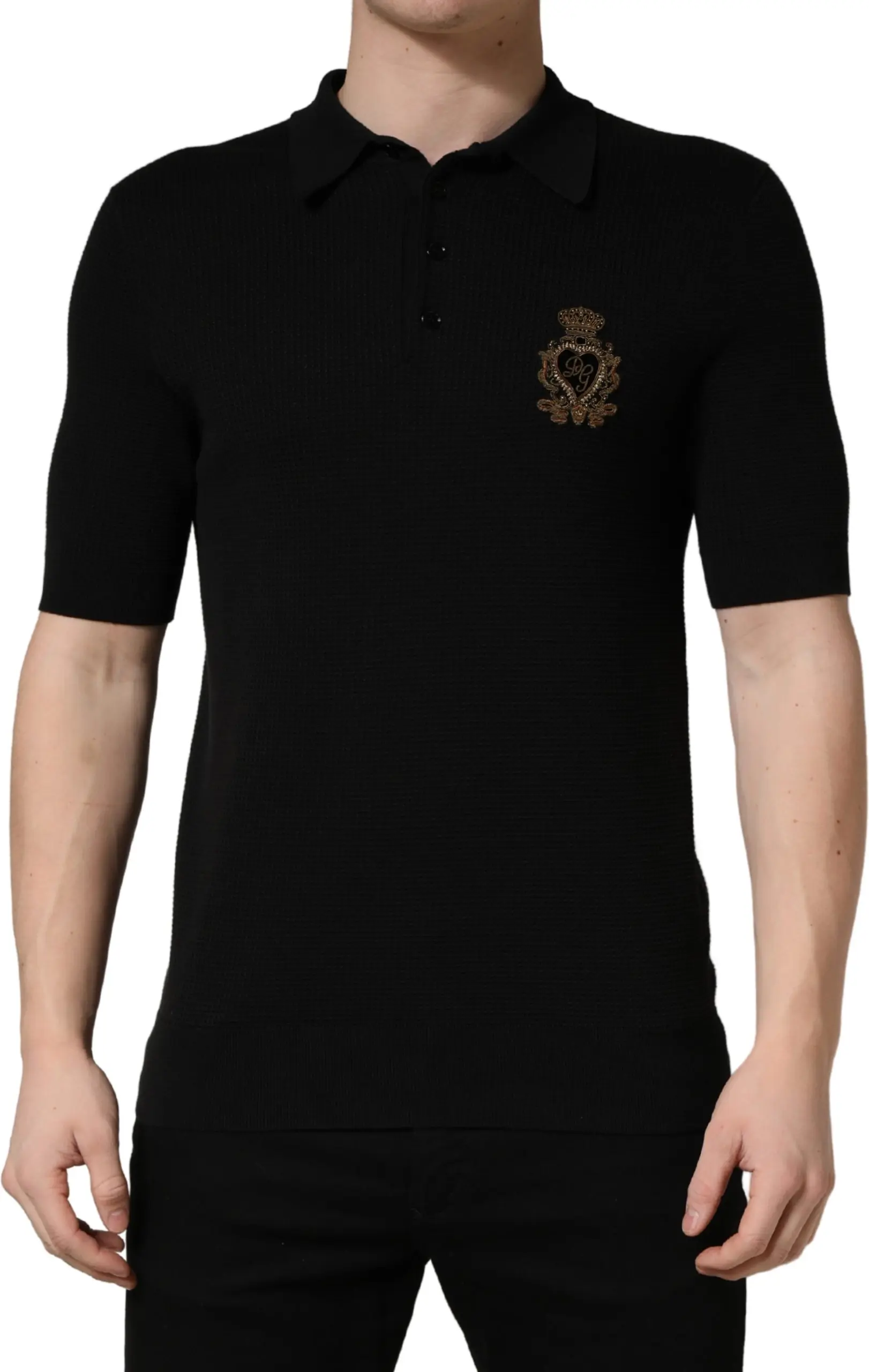 Polo T-shirt Dolce & Gabbana Black Heraldic Crest Patch Silk