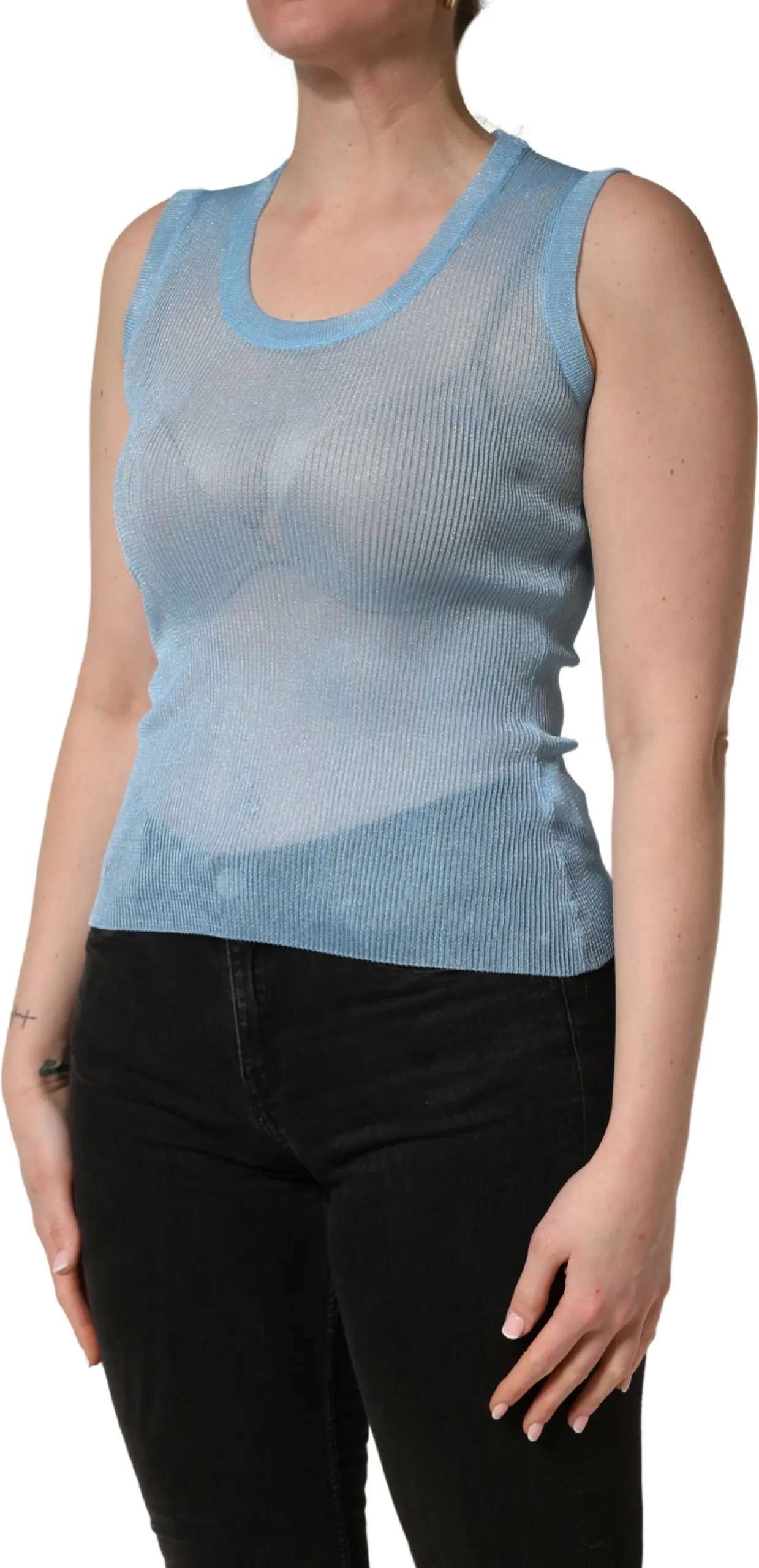 Blue Semi Sheer Ribbed Sleeveless Tank Top Dolce & Gabbana