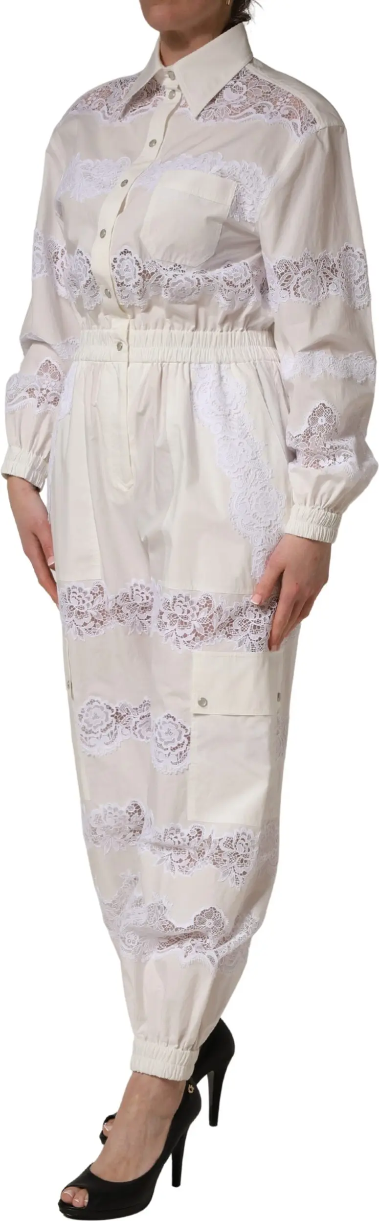 Jumpsuit Dolce & Gabbana White Cotton Lace Trim Long Sleeves Jumpsuit