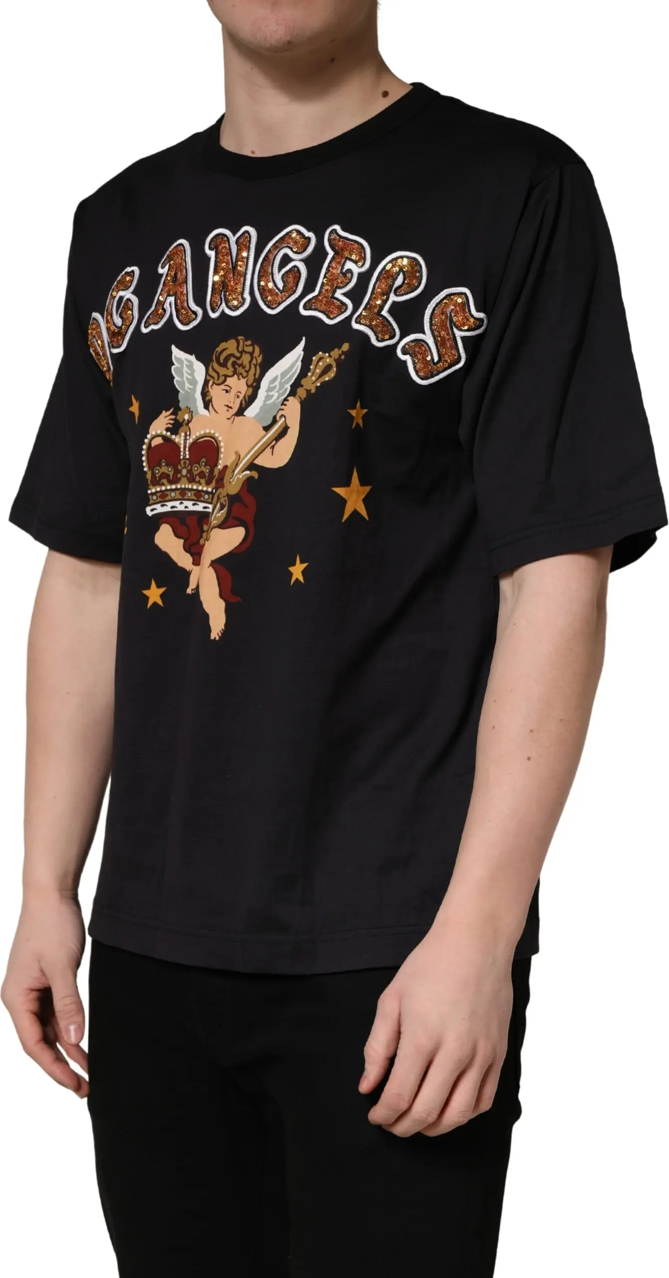 T-shirt Dolce & Gabbana Black Angel Print Cotton Crew Neck