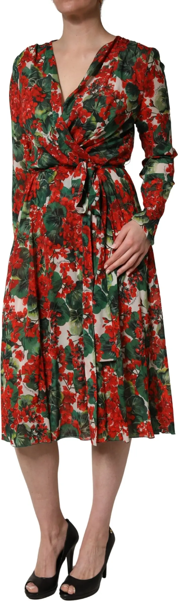 Multicolor Floral Long Sleeves V-neck Dress Dolce & Gabbana