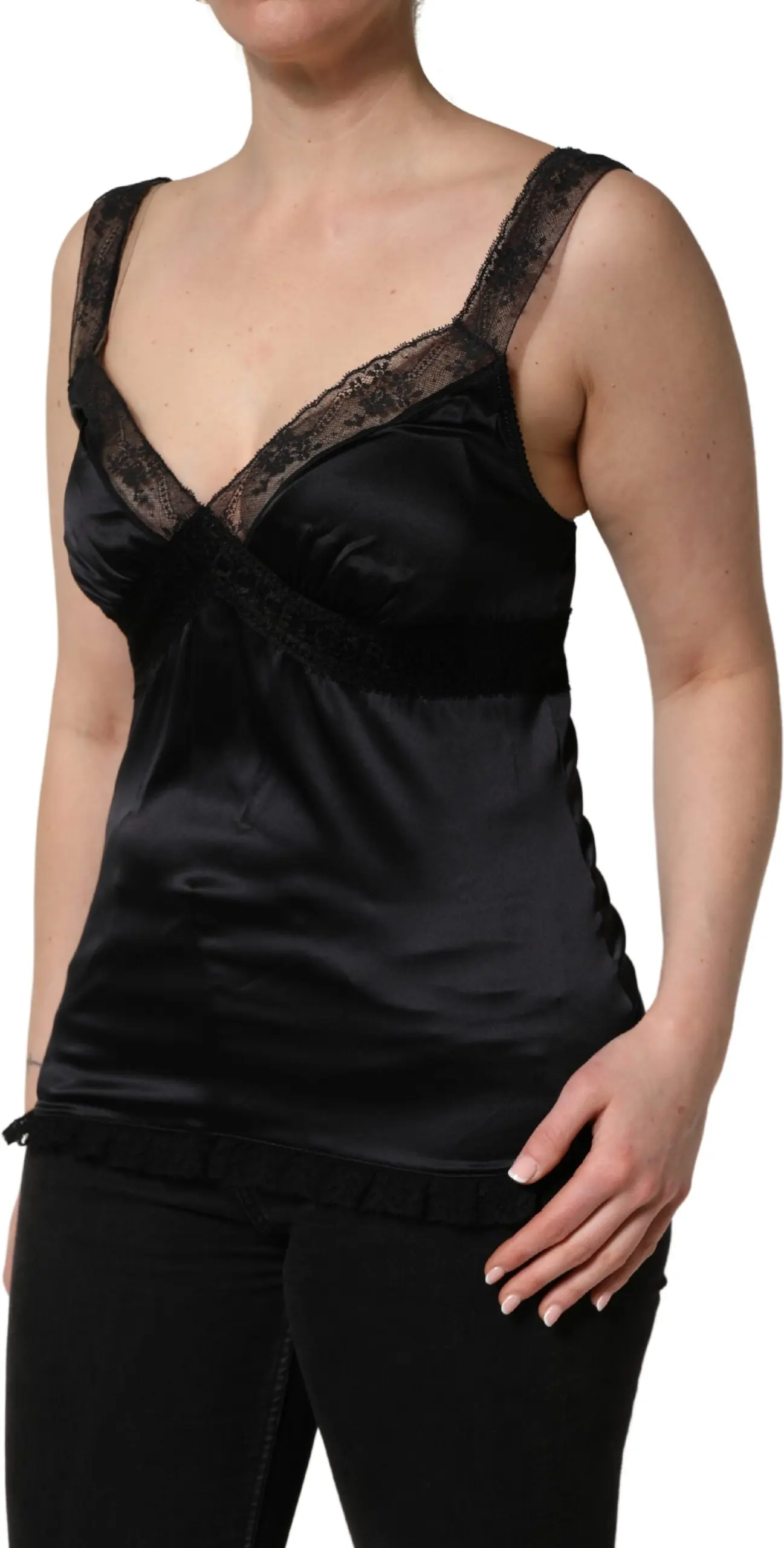Camisole Dolce & Gabbana Черный шелковый топ на тонких бретельках с кружевной отделкой и V-образным вырезом