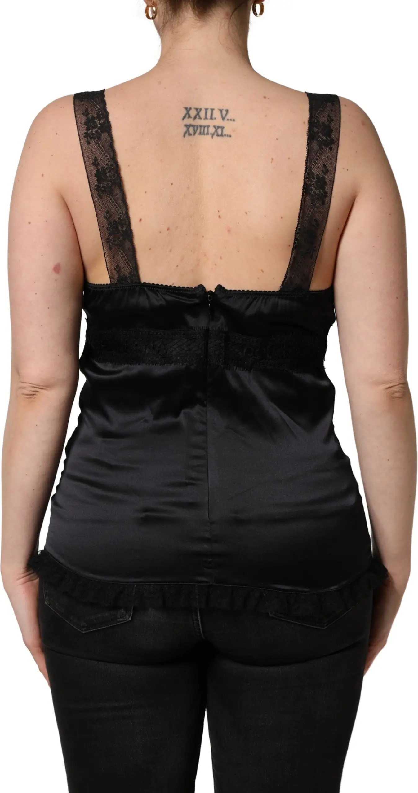 Camisole Dolce & Gabbana Черный шелковый топ на тонких бретельках с кружевной отделкой и V-образным вырезом