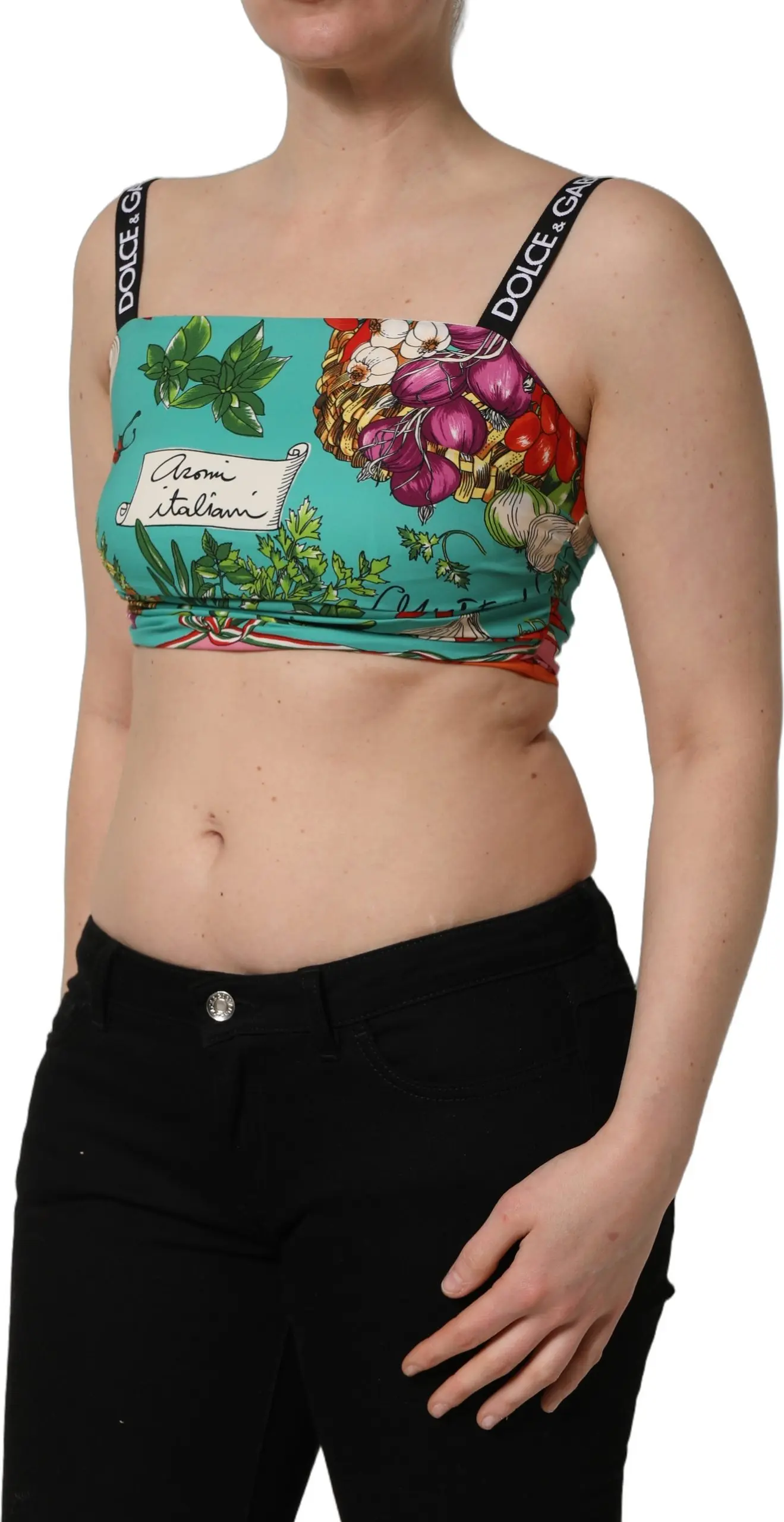 Turquoise Vegetable Print Silk Crop Tank Top Dolce & Gabbana