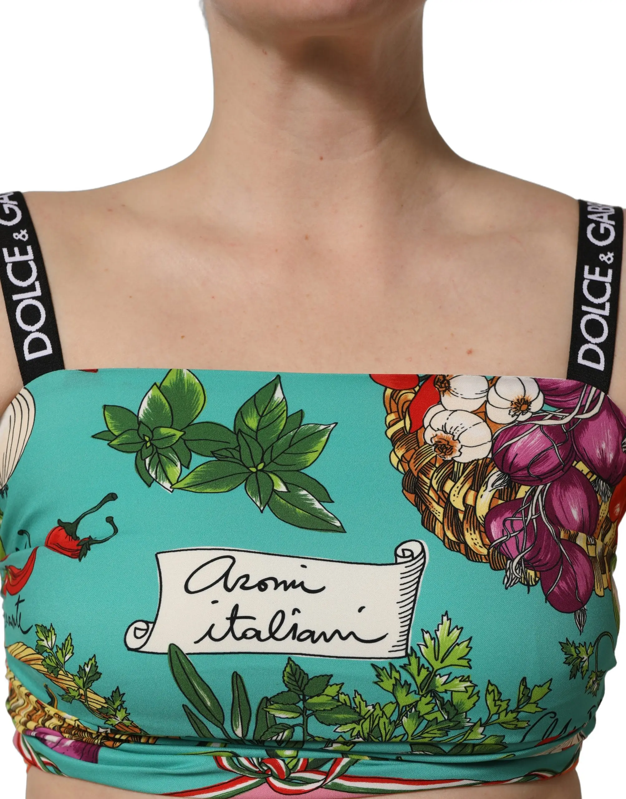 Turquoise Vegetable Print Silk Crop Tank Top Dolce & Gabbana