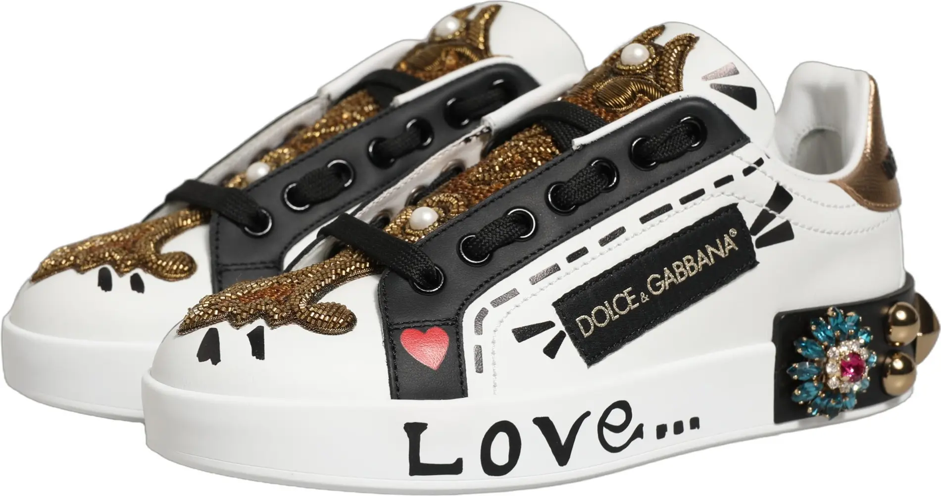 White Gold Studded Portofino Sneakers Shoes Dolce & Gabbana