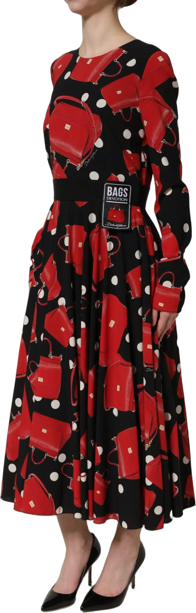Dolce & Gabbana Black Handbag Print Long Sleeve Midi Dress