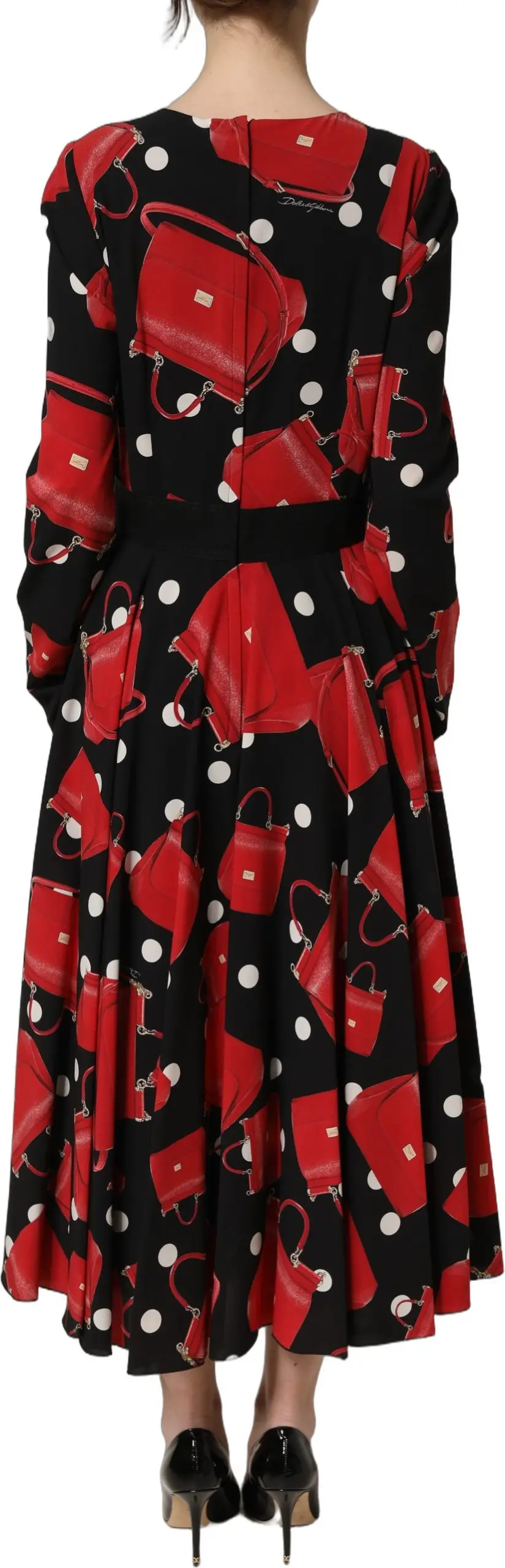 Dolce & Gabbana Black Handbag Print Long Sleeve Midi Dress