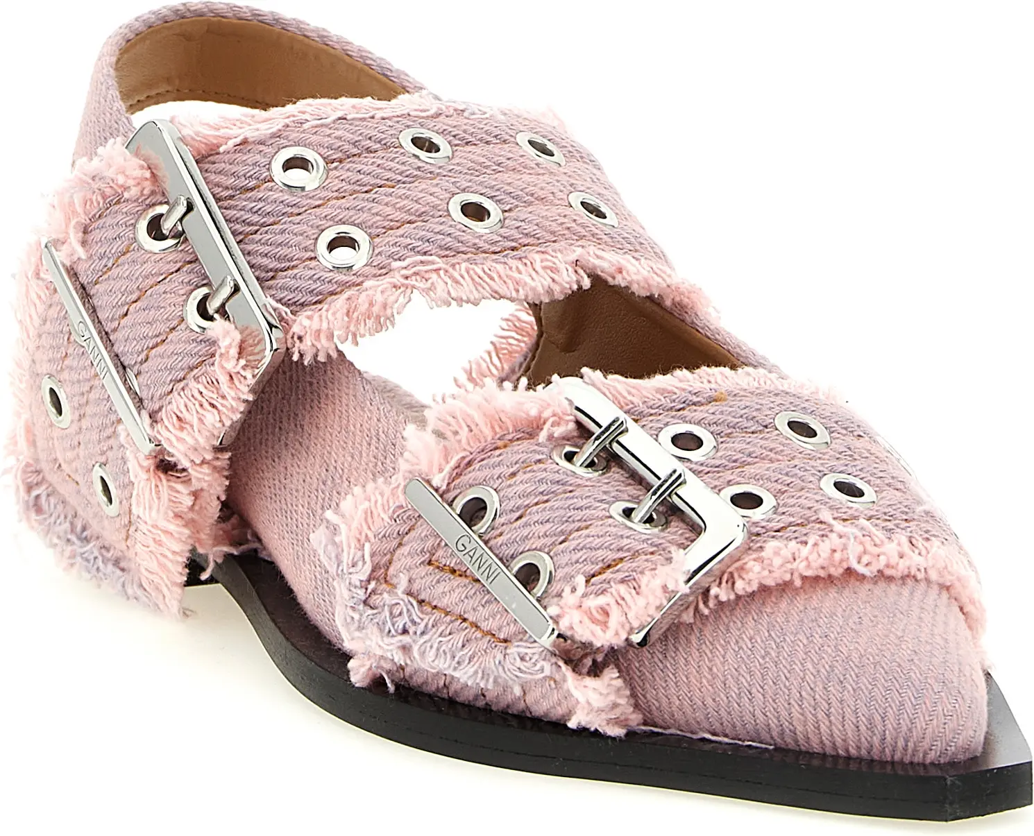 Feminine Buckle Fringed Denim Slingbacks GANNI