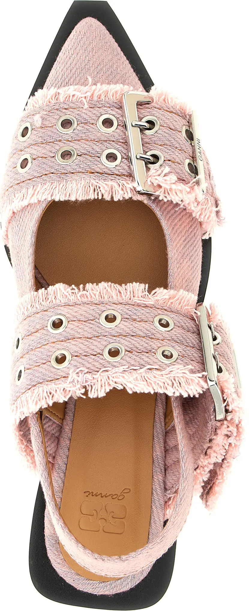 Feminine Buckle Fringed Denim Slingbacks GANNI