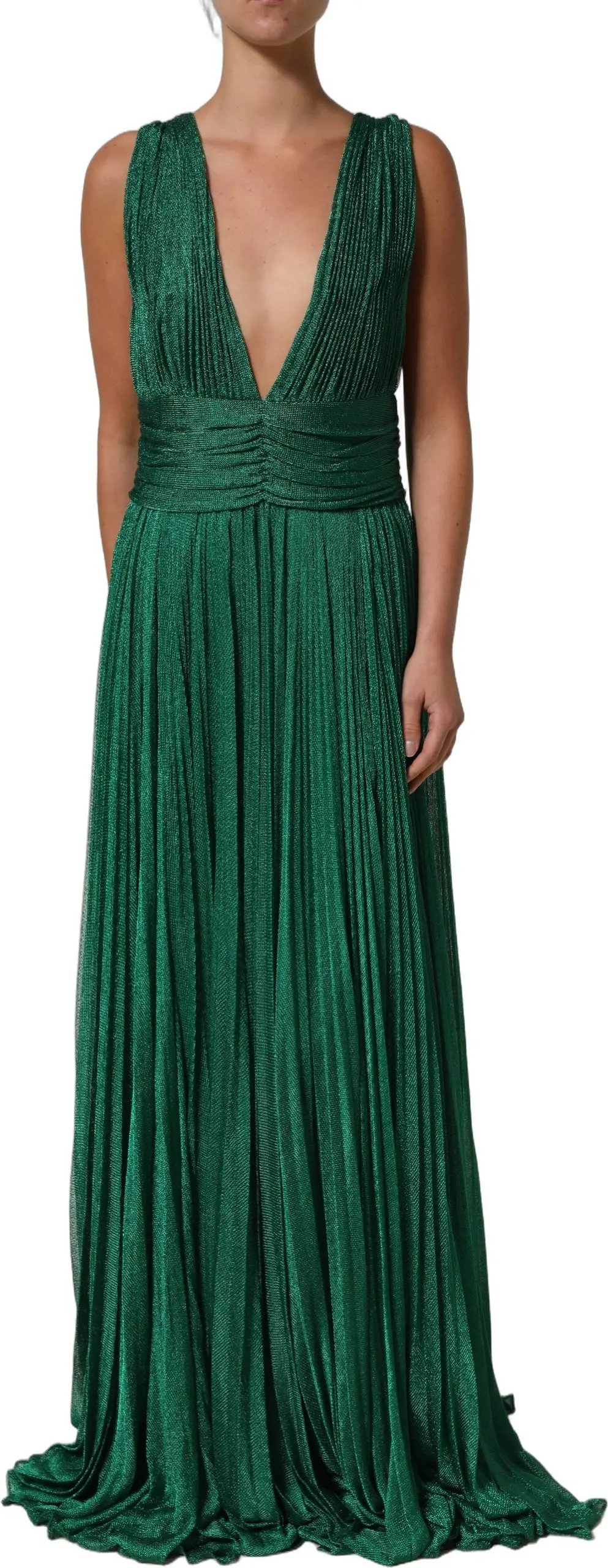 Gown Dress Metallic Green Sleeveless Plissé Dolce & Gabbana