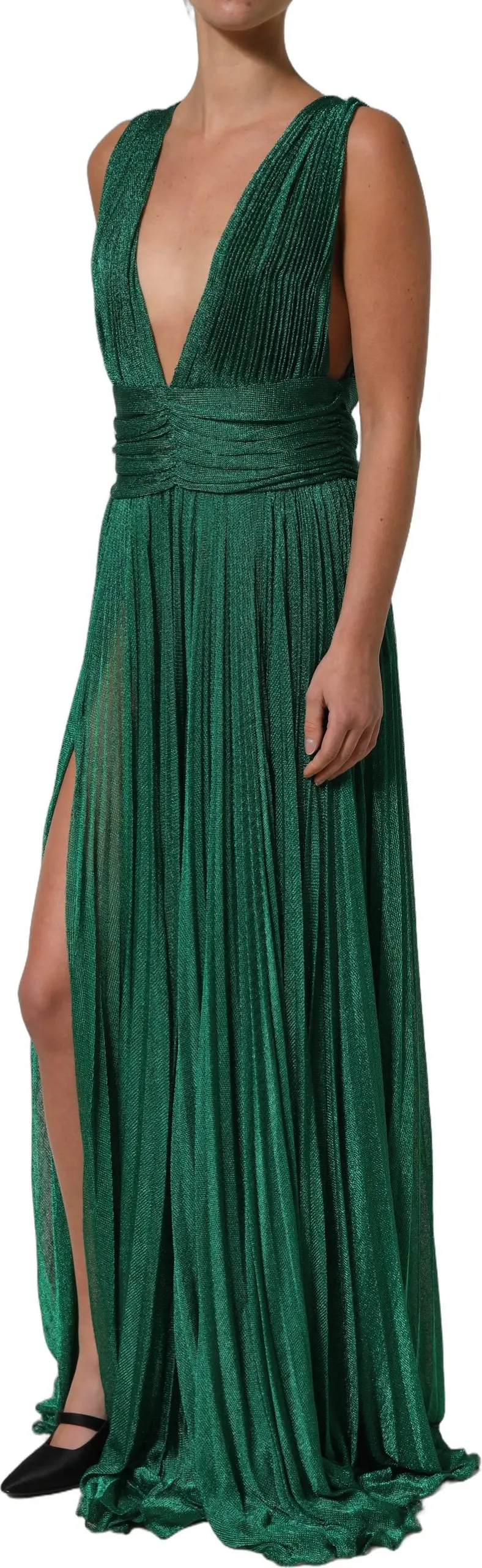 Gown Dress Metallic Green Sleeveless Plissé Dolce & Gabbana