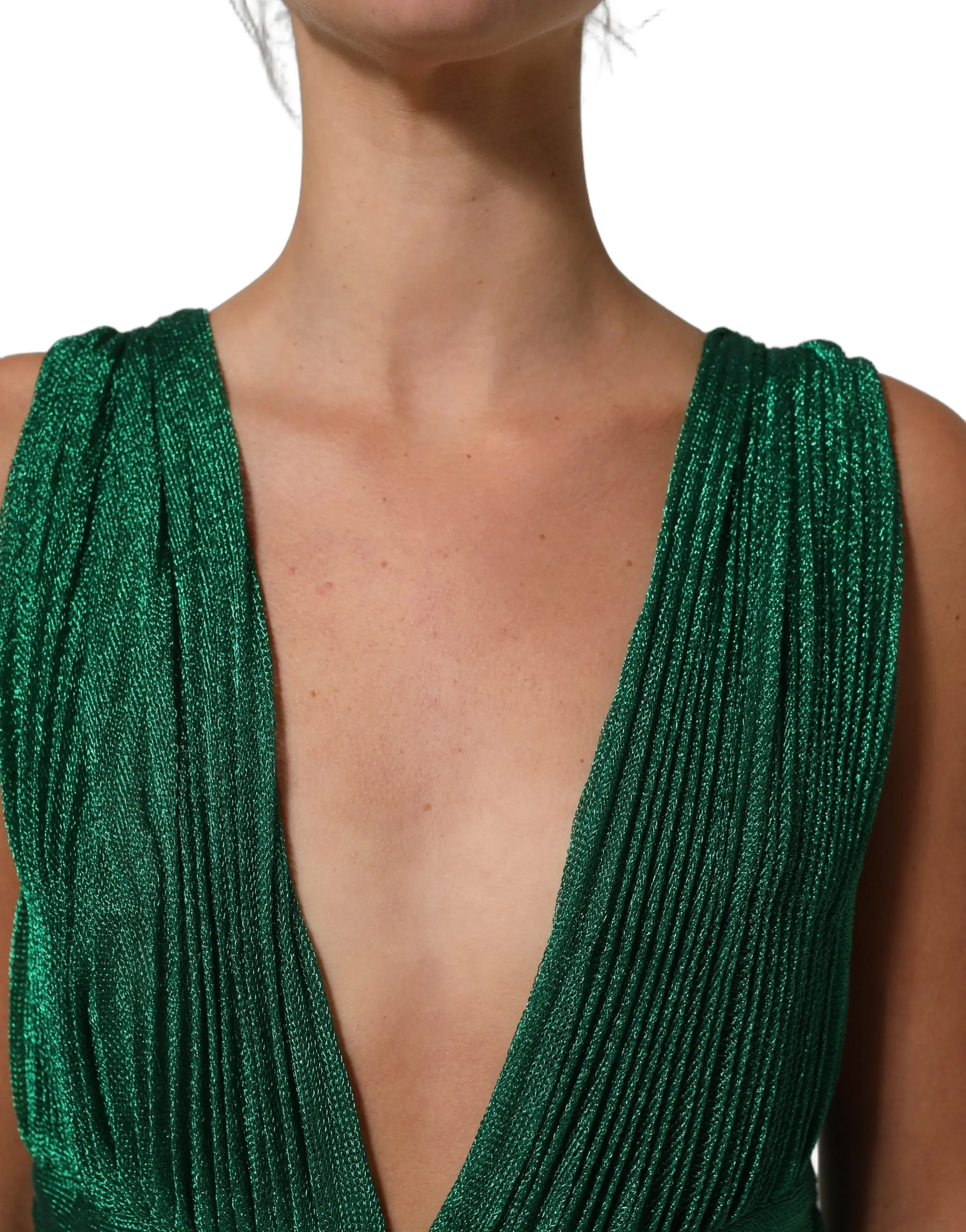 Gown Dress Metallic Green Sleeveless Plissé Dolce & Gabbana