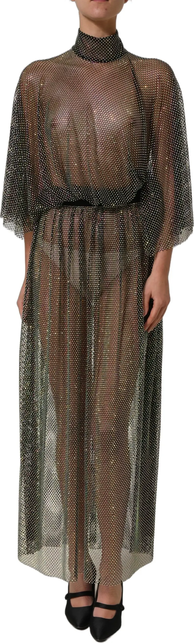 Dolce & Gabbana Black Rhinestone Mesh Turtleneck Maxi Dress