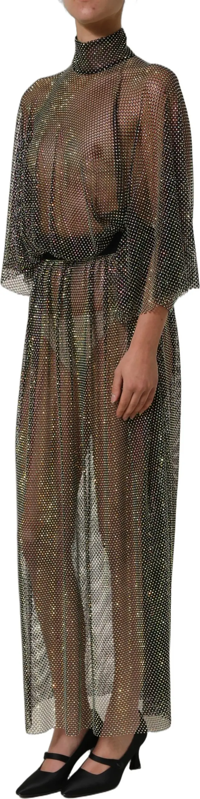 Dolce & Gabbana Black Rhinestone Mesh Turtleneck Maxi Dress