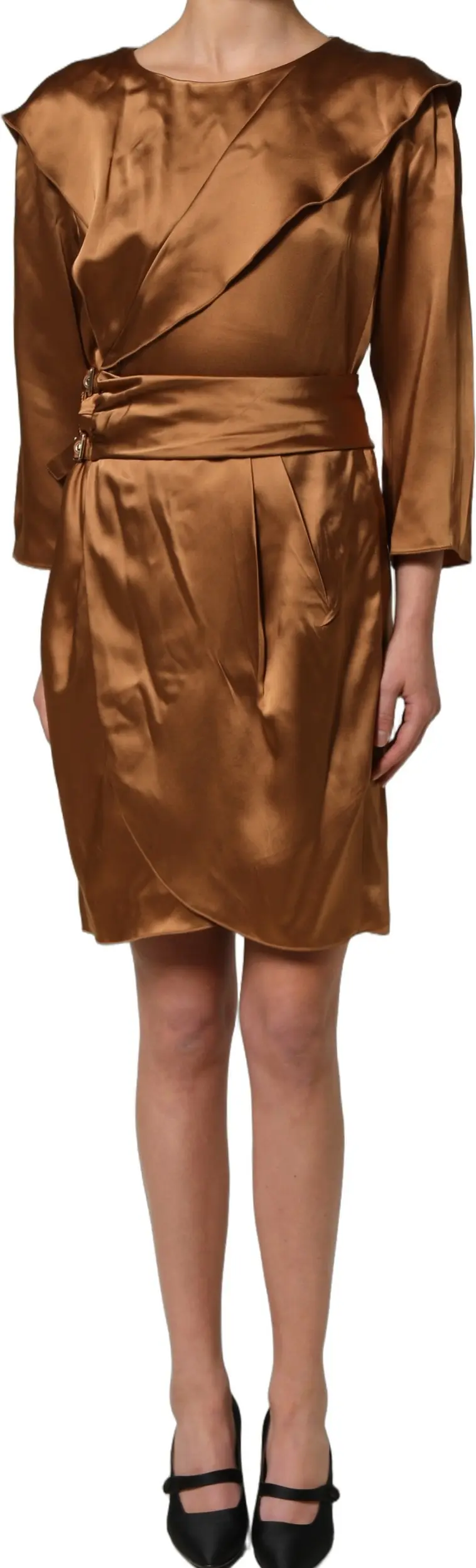 Dress Armani Emporio Brown Satin Acetate Wrap Sheath Mini Belted Dress