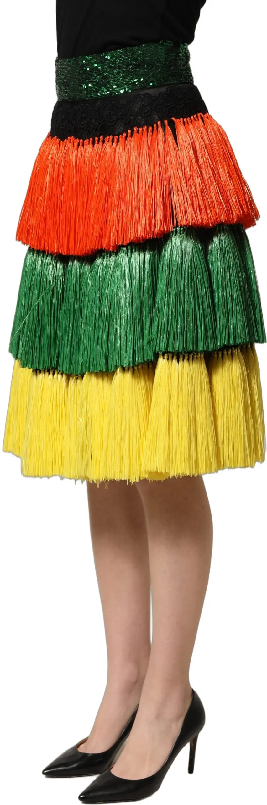 Multicolor Fringe Sequin High Waist Knee Length Skirt Dolce & Gabbana